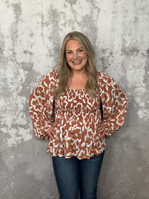 Rust Long Sleeve Smocked Floral Top