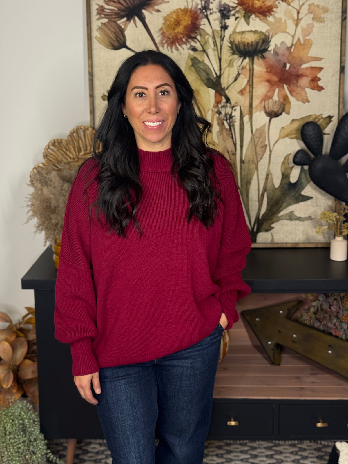 The Side Slit Oversized Sweater - Burgundy