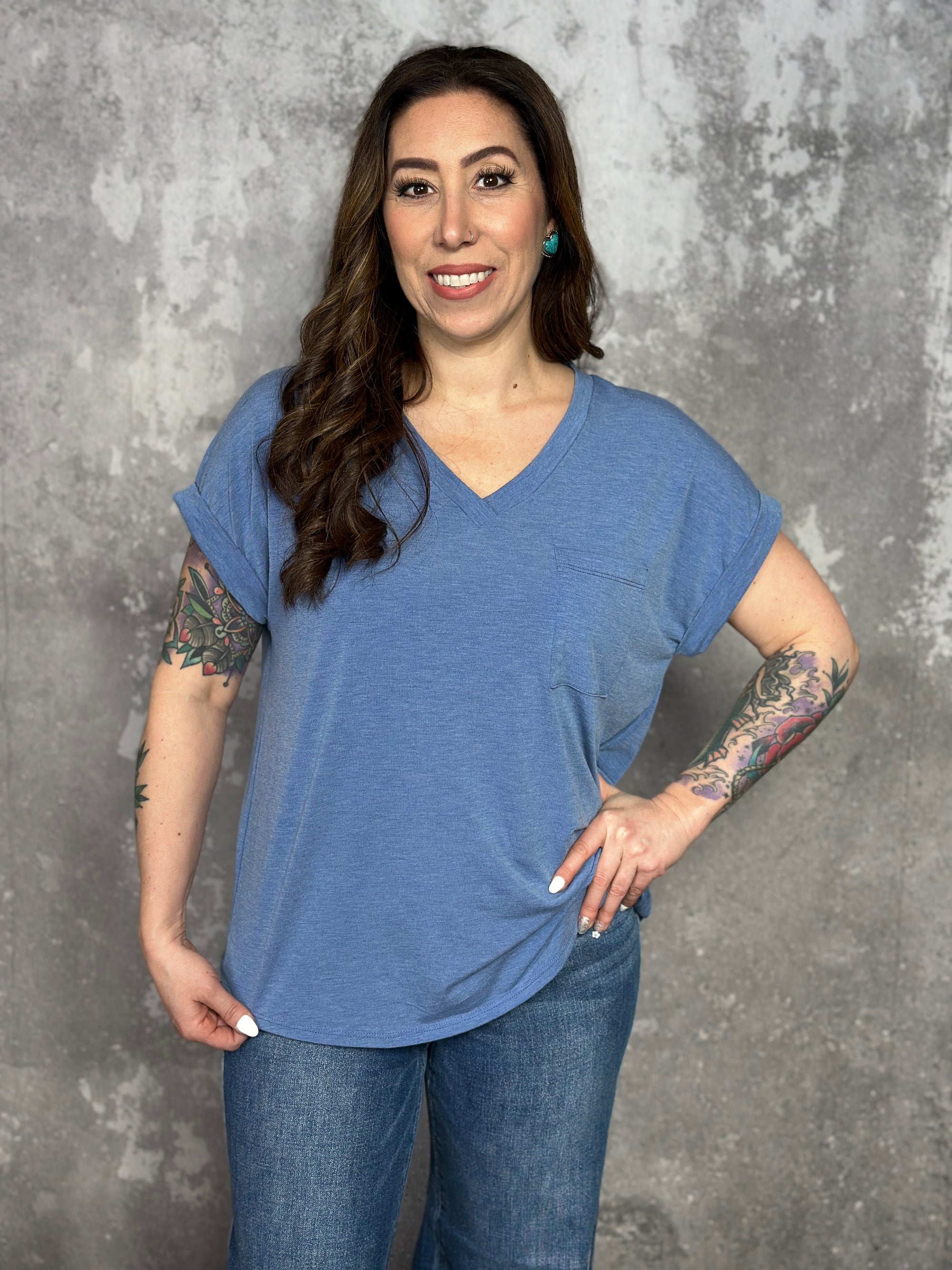 Soft Pocket Tee Vneck with Rolled Sleeves - Denim Blue (Small - 3X)