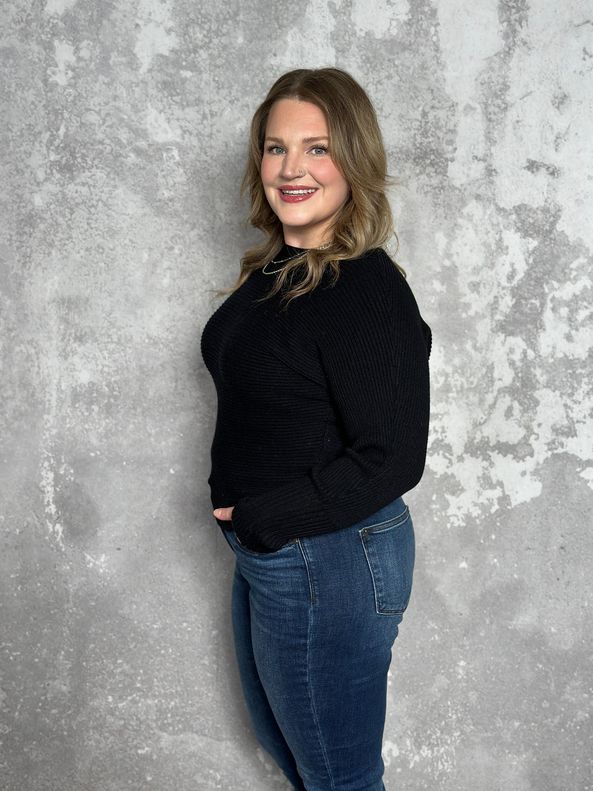 Black Dolman Ribbed Sweater (Small - 2X)