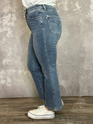 Judy Blue High Rise Medium Wash Tummy Control Kick Flare Crop Jean (sizes 0/24-24W)