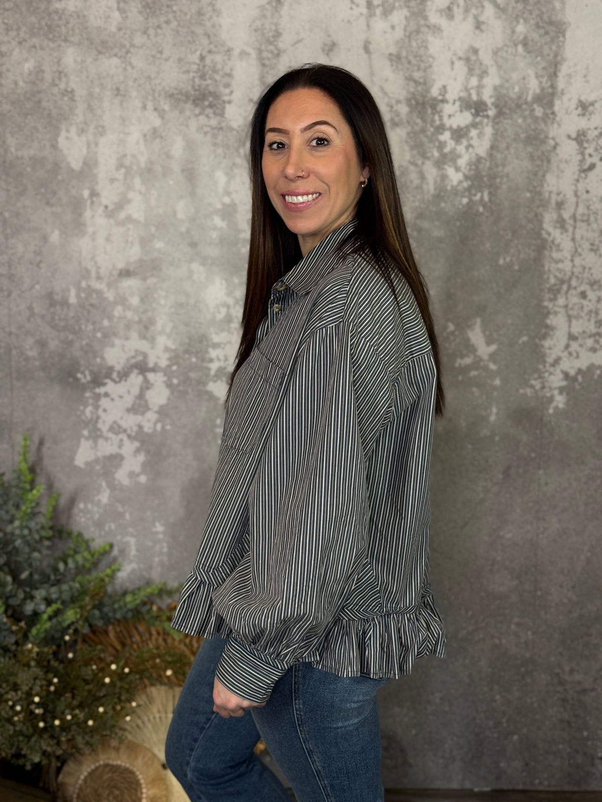 Navy Stripe Button Up Peplum Top