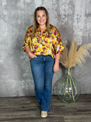 Mustard Burgundy Floral 3/4 Length Top - FINAL SALE