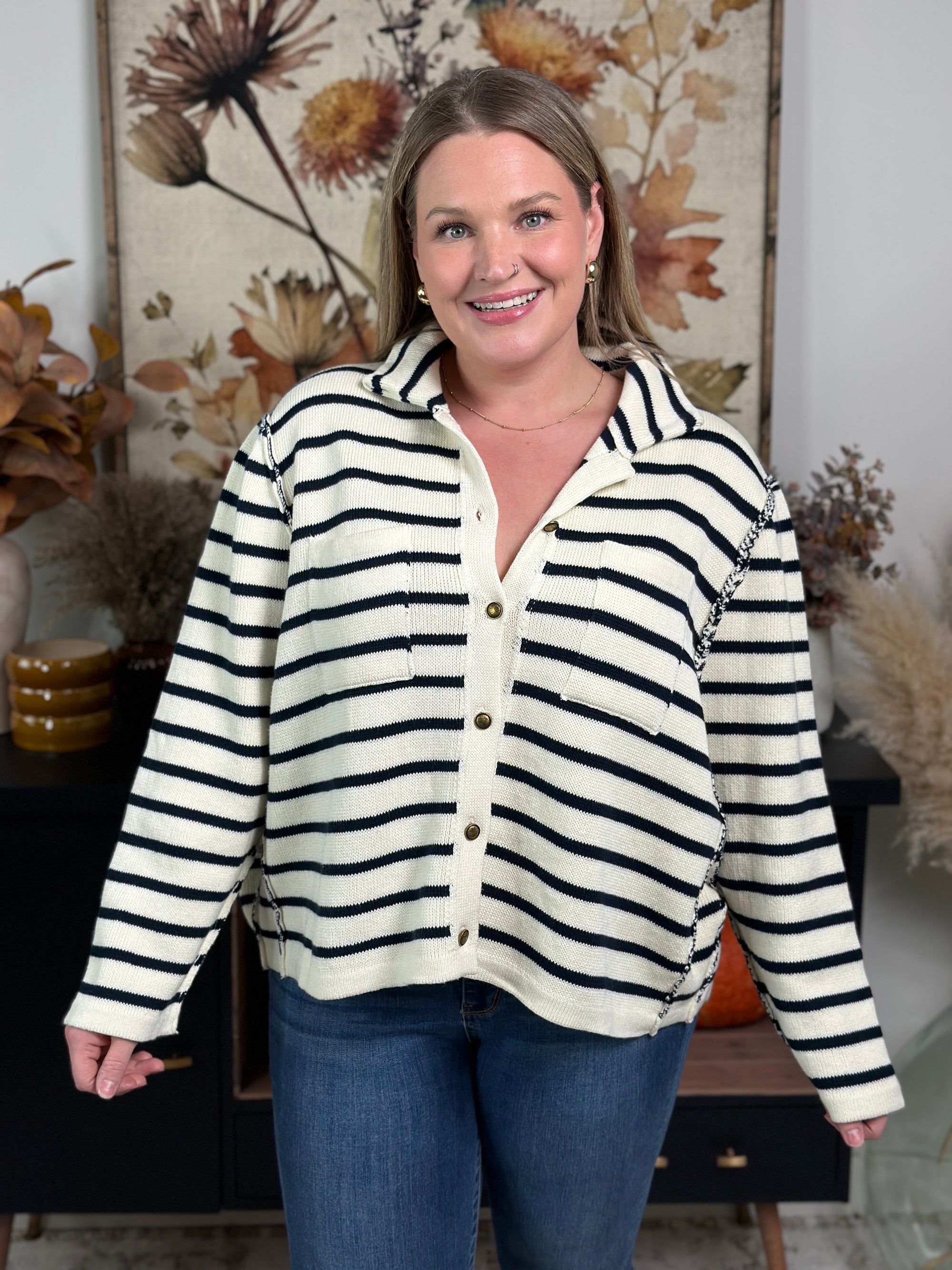 Striped Collar Button Up Sweater - FINAL SALE