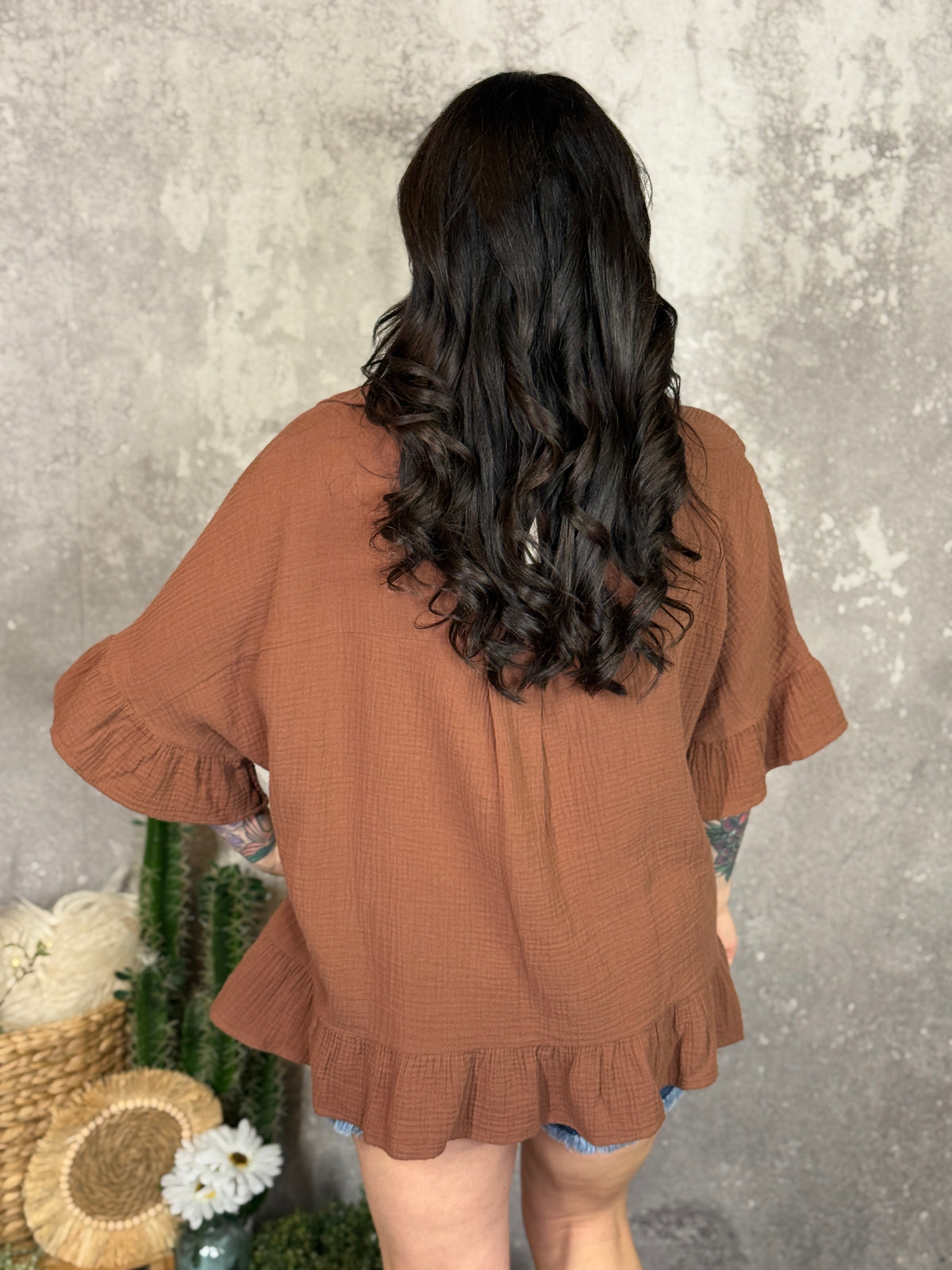 Brown Gauze Peplum Top