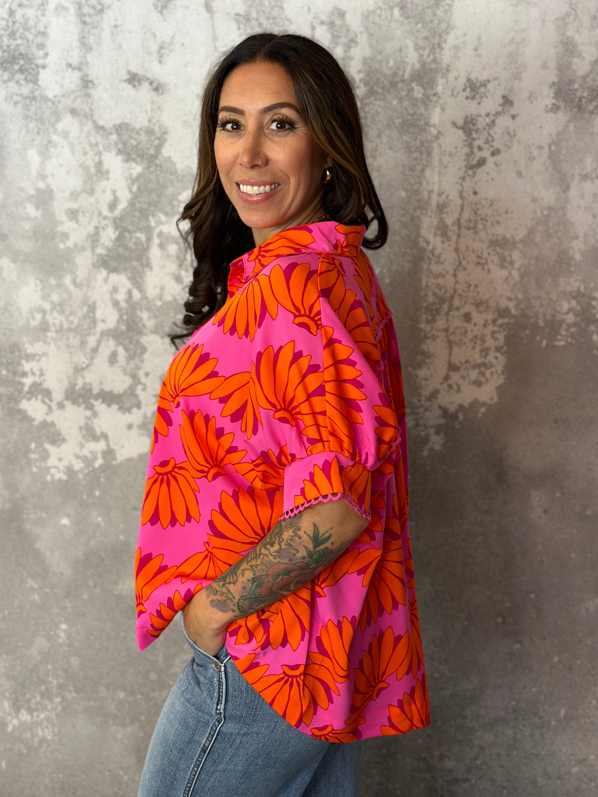 Bright Pink and Orange Short Sleeve Blouse (Small - 2X)