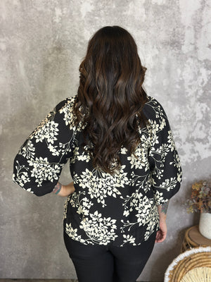 3/4 Sleeve Puff Sleeve Black and White Floral Blouse (Small - 2X)