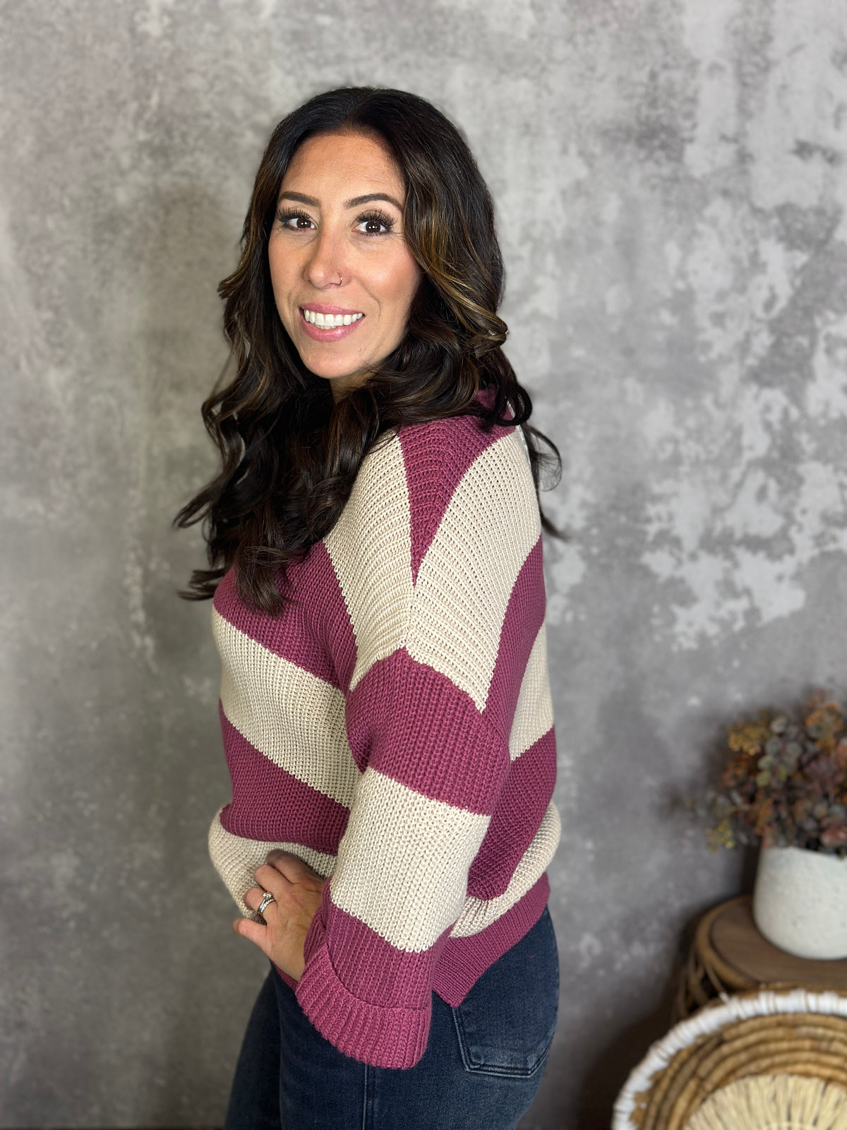 Stripe Sutton Sweater - Berry (Small - 2X)