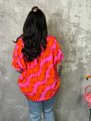 Bright Pink and Orange Short Sleeve Blouse (Small - 2X)