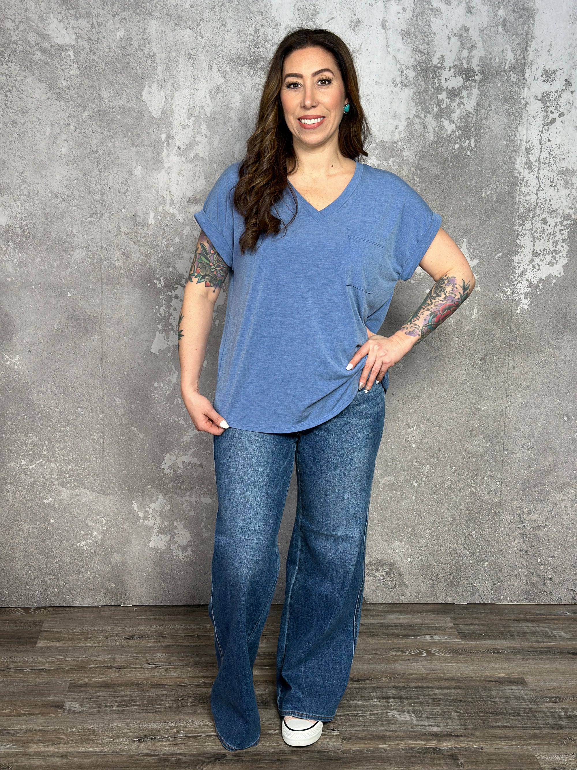Soft Pocket Tee Vneck with Rolled Sleeves - Denim Blue (Small - 3X)