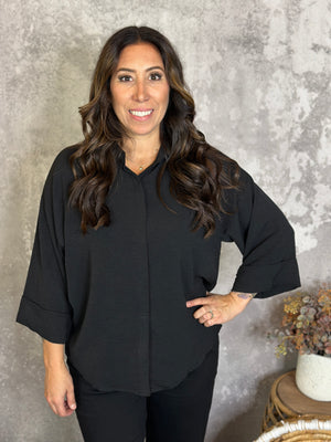 Wide 3/4 Sleeve Airflow Top  - Black