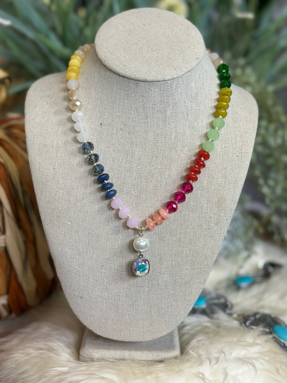 Multicolored Necklace with Pear and Austrian Square Crystal