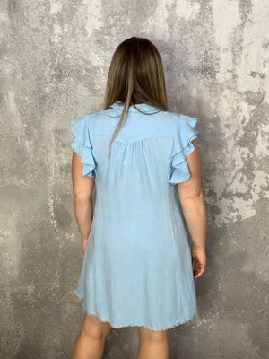 Chambray Ruffle Sleeve Dress with Front Buttons - Light Denim