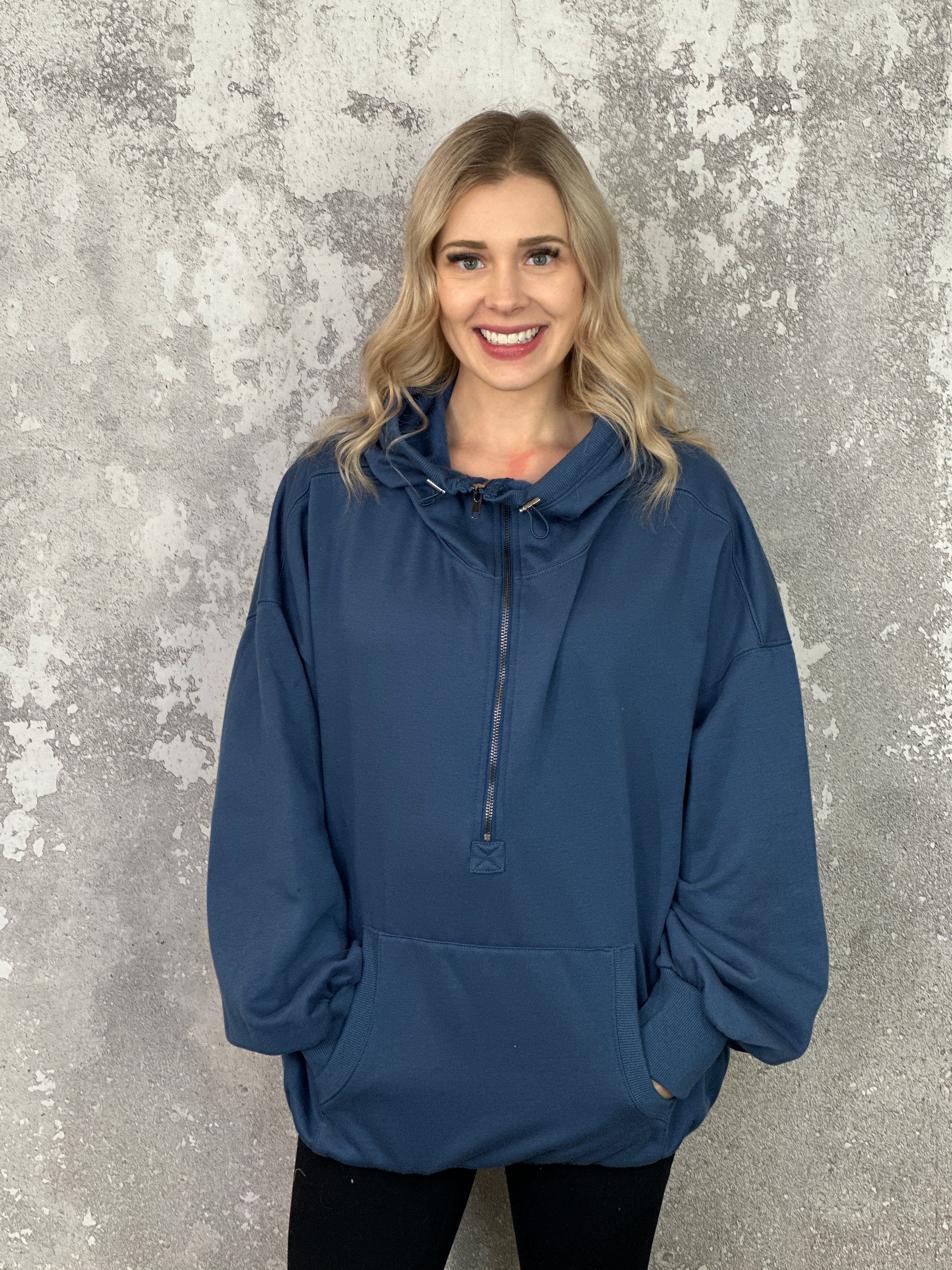 Fleece Lined Bomber Sweatshirt with Hood - Navy