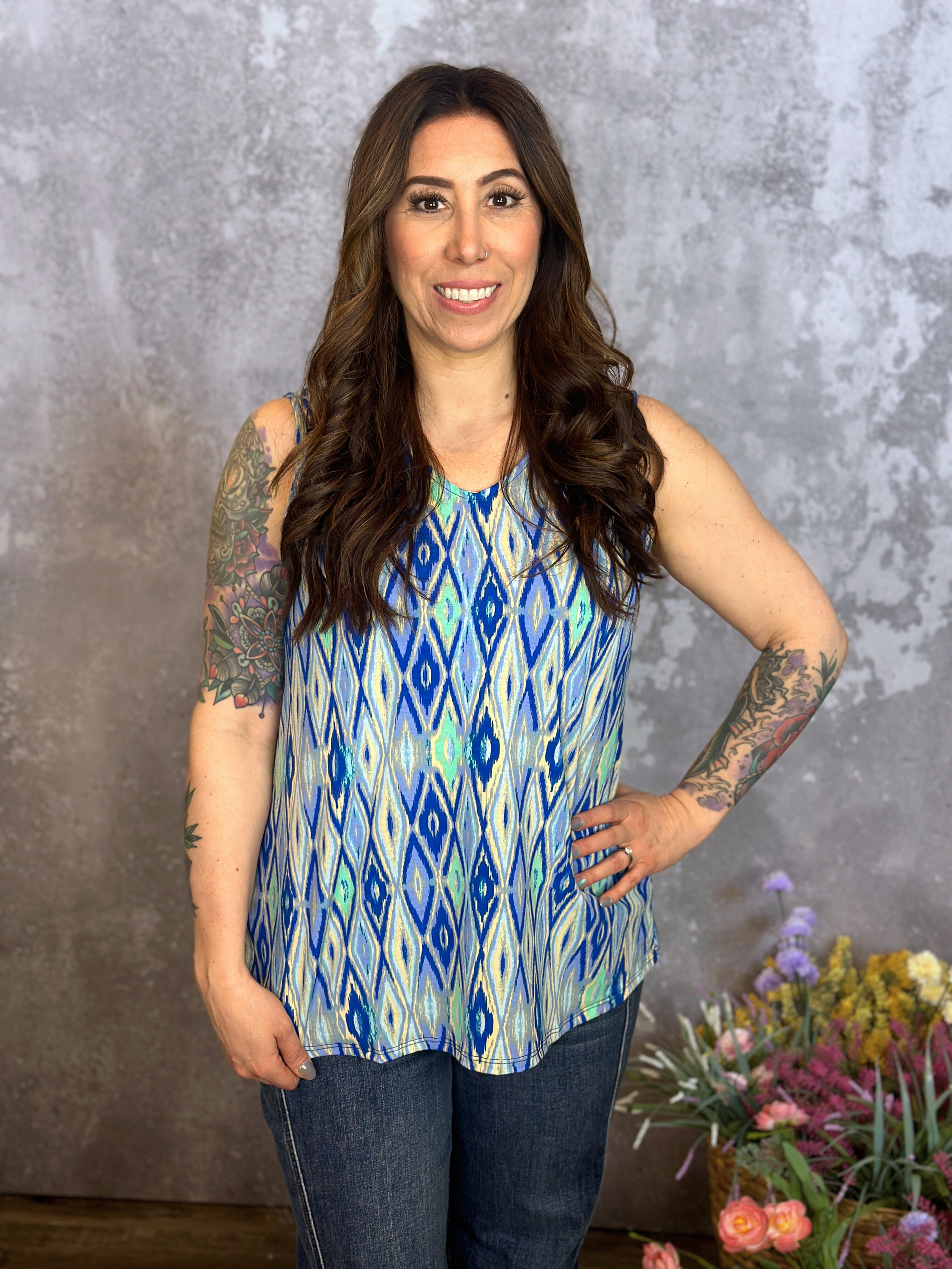 The Wrinkle Free Vneck Tank - Abstract Blue (Small - 3X)