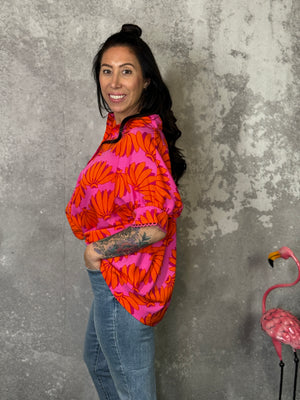 Bright Pink and Orange Short Sleeve Blouse (Small - 2X)