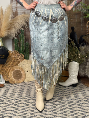 Denim Fringe Faux Suede Skirt (Small - 2X)