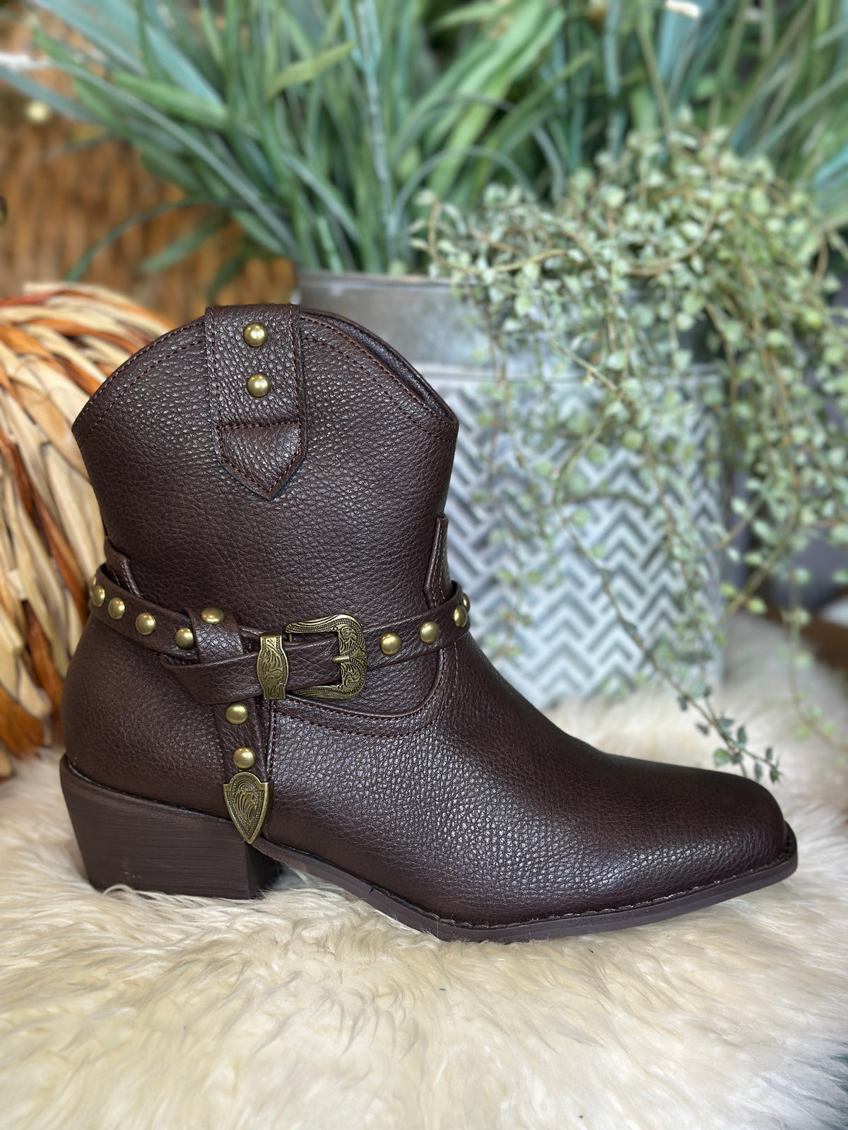 Brown Western Buckle Bootie