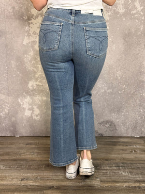 Judy Blue High Rise Medium Wash Tummy Control Kick Flare Crop Jean (sizes 0/24-24W)