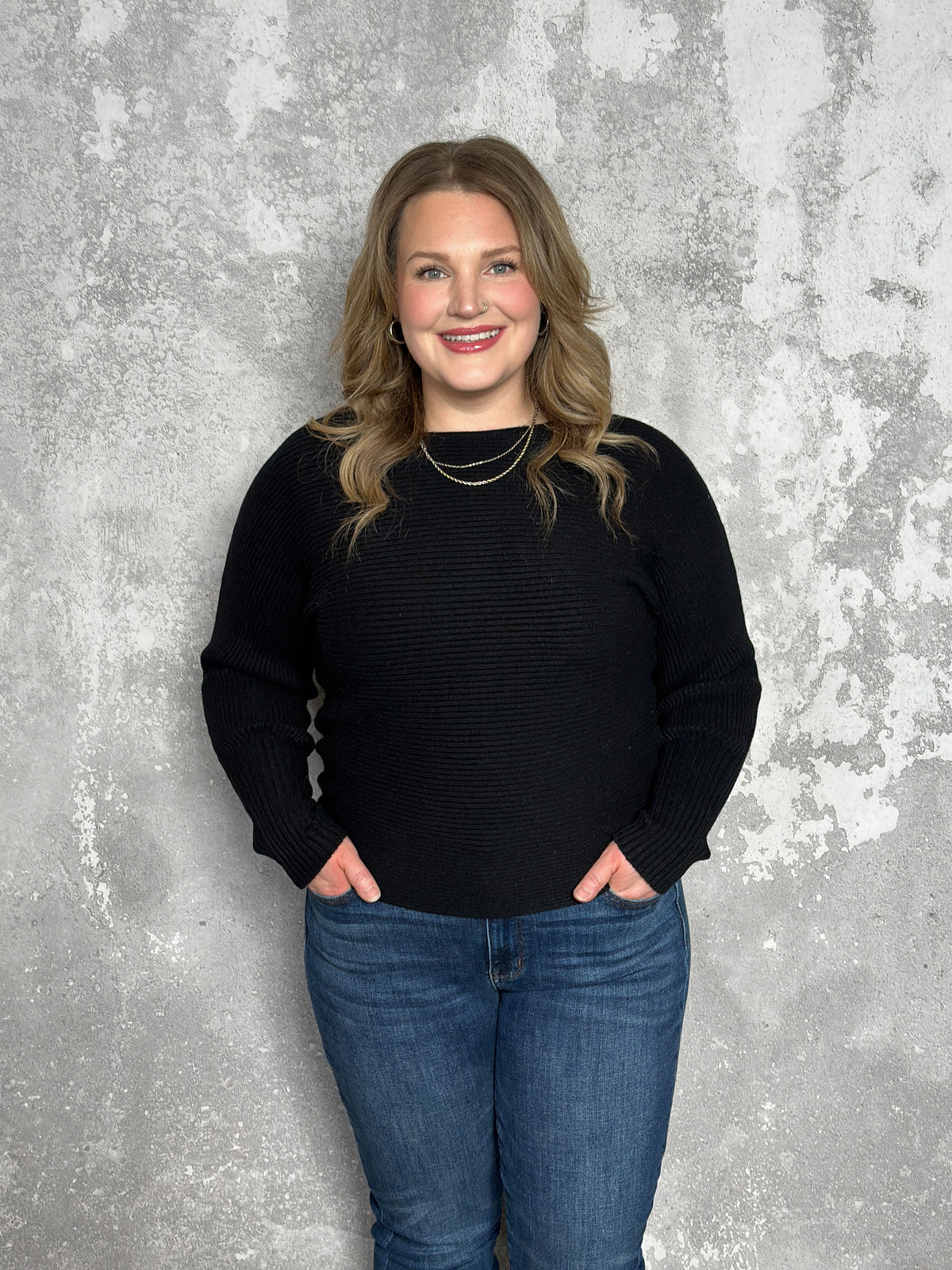 Black Dolman Ribbed Sweater (Small - 2X)