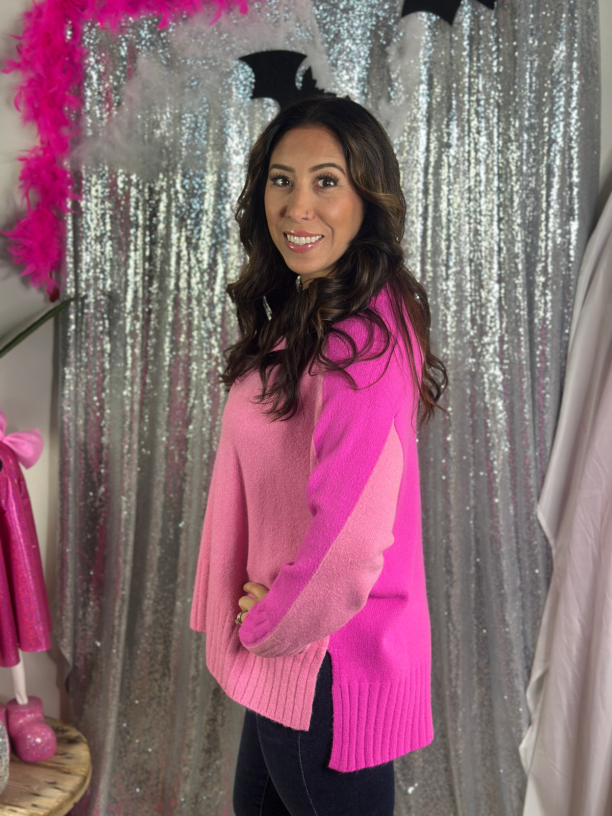 Two Tone Pink Sweater with Front Seam (Small - 3X)