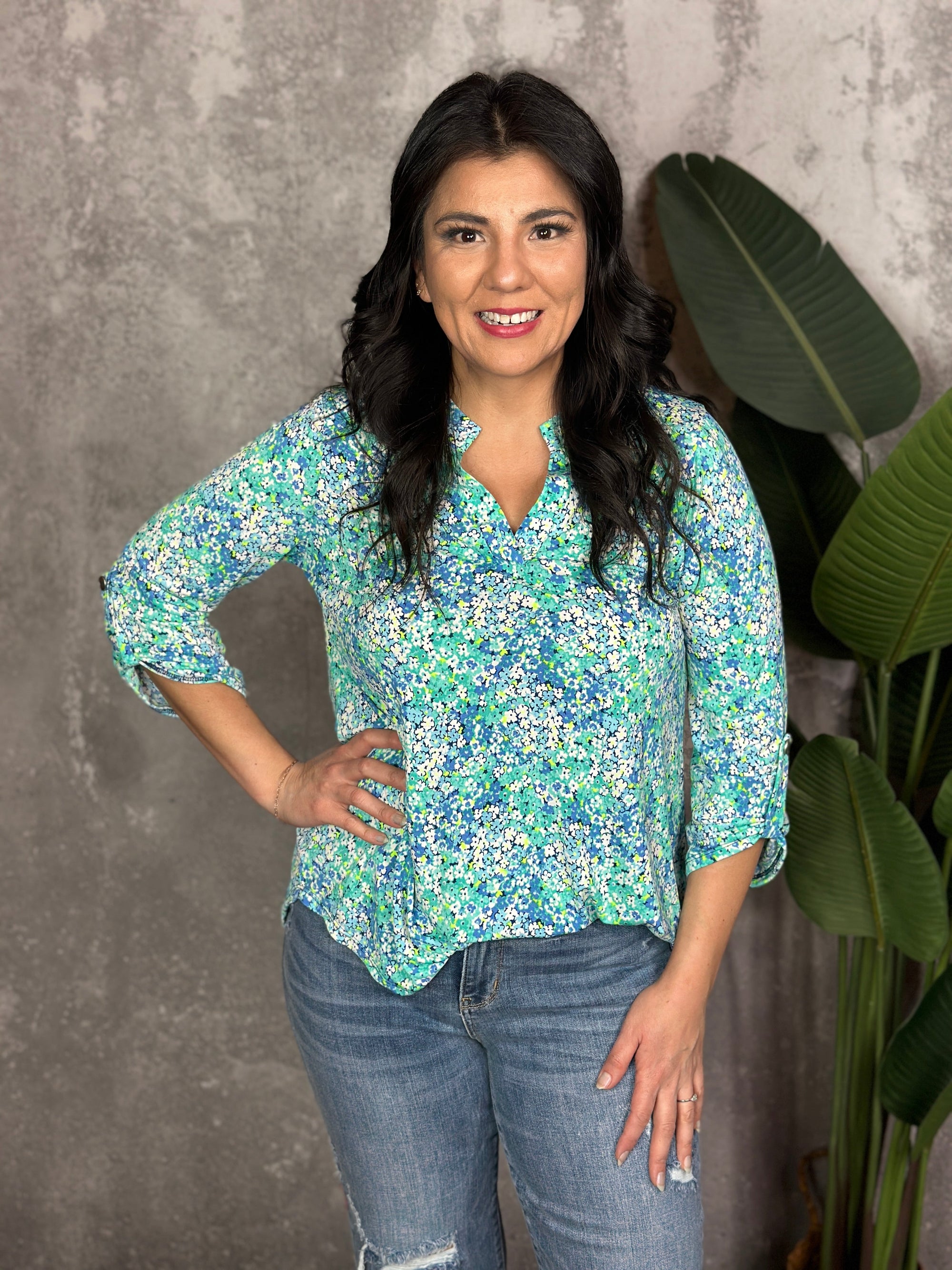 The Wrinkle Free Lizzie Top - Teal with Blue and Green Micro Floral (Small - 3X) RESTOCKED
