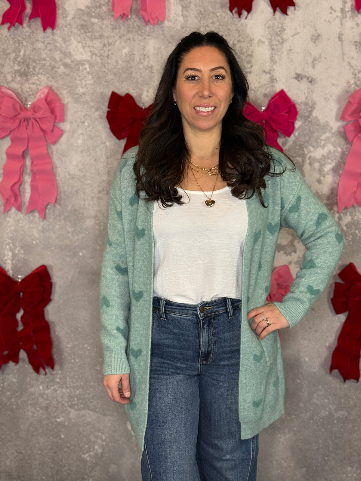 Pastel Heart Cardigan - Sage