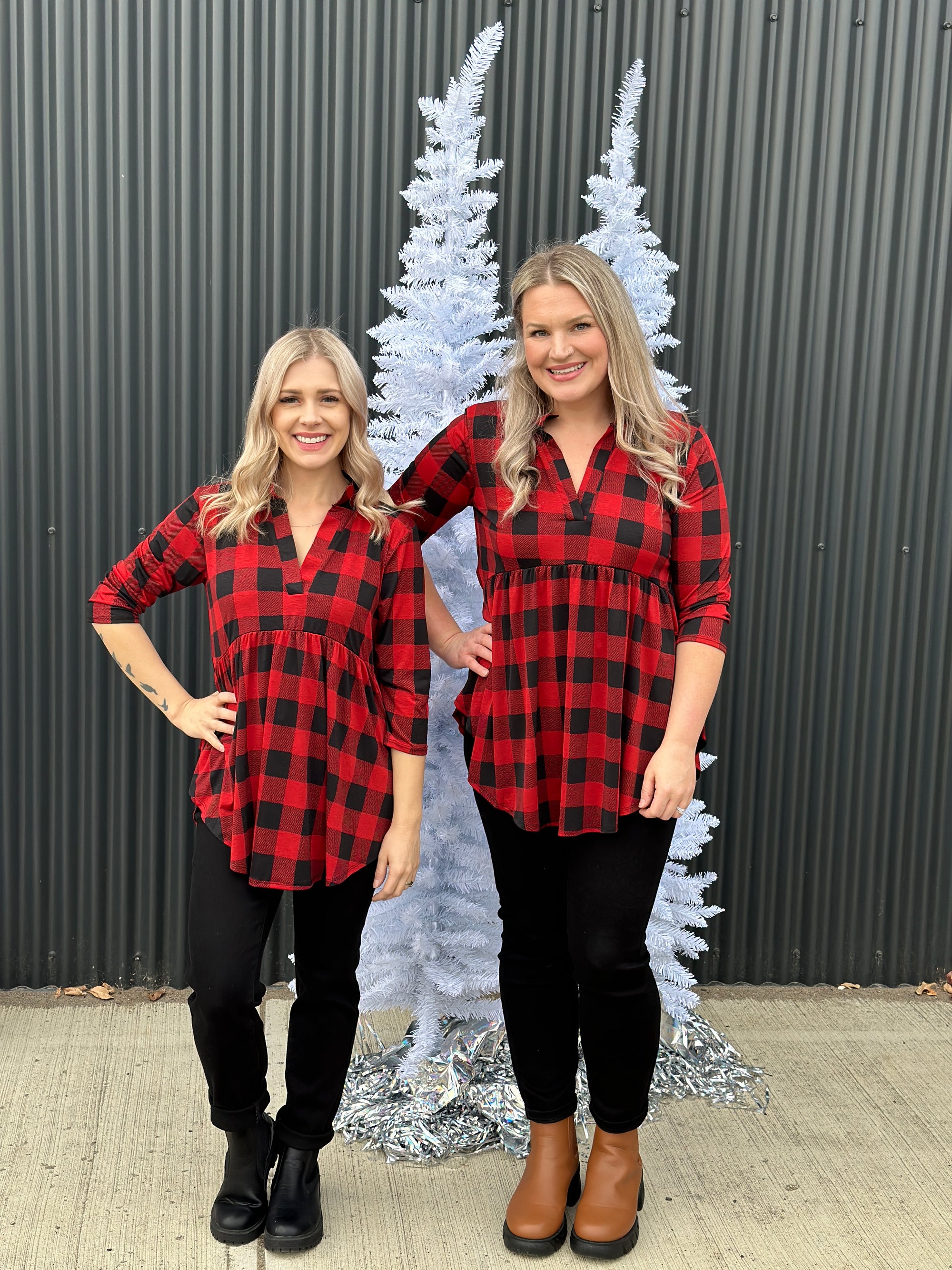 Wrinkle Free Buffalo Plaid Babydoll 3/4 Sleeve Top (Small - 3X)