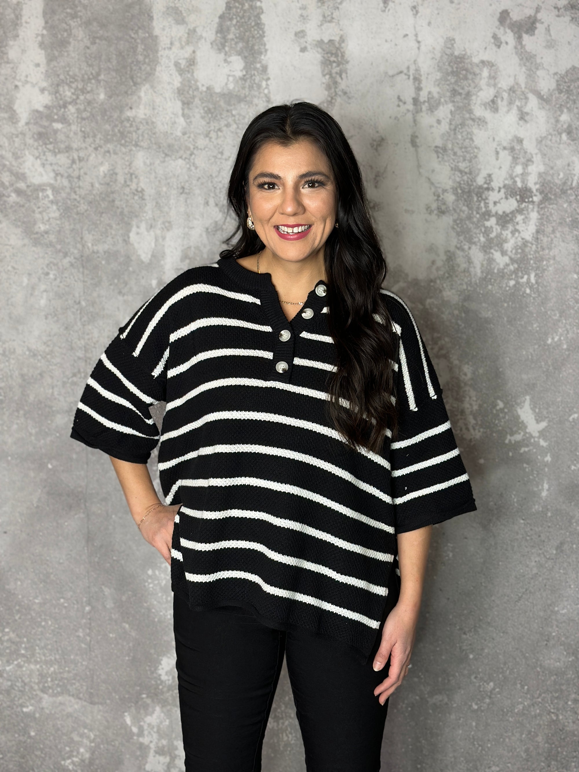 Black and White Short sleeve sweater with Buttons
