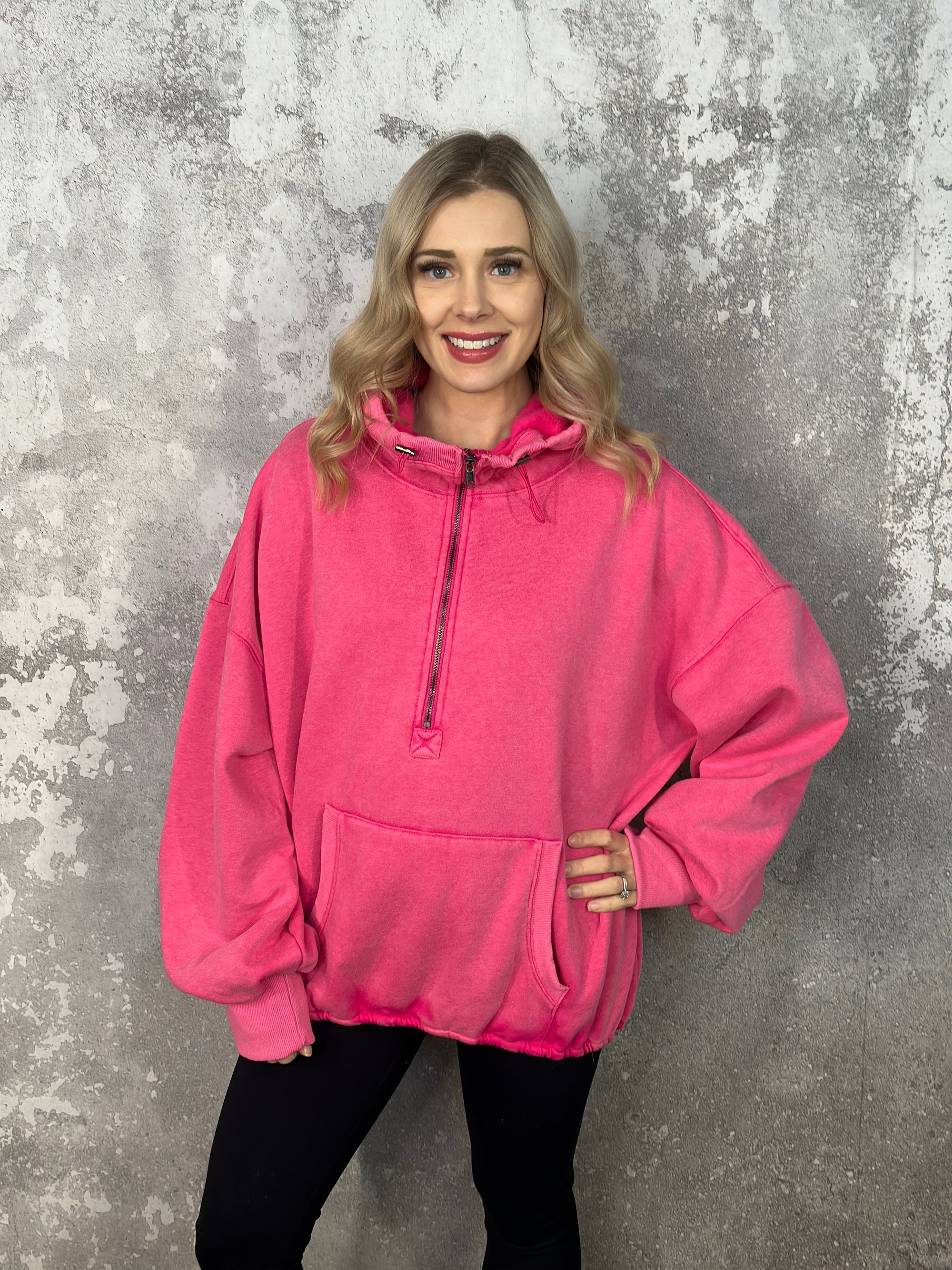 Fleece Lined Bomber Sweatshirt with Hood - Vintage Pink
