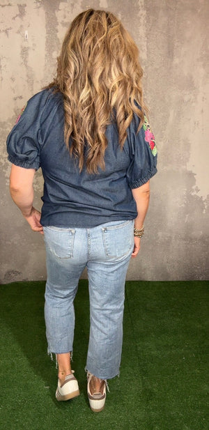 Denim Top with Embroidered Floral Sleeve
