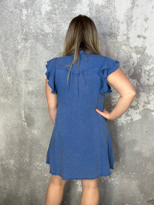 Chambray Ruffle Sleeve Dress with Front Buttons - Dark Denim