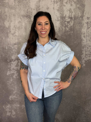 Light Blue Pearl Collared Top (Small - 3X)