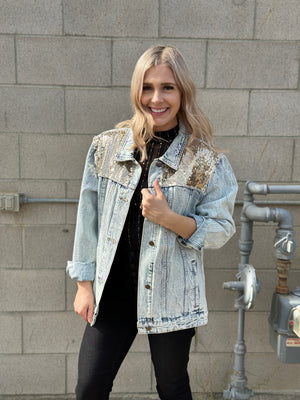 Gold Sequin Accent Denim Jacket  (Small - 3X)