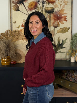Denim Collared Sweater - Burgundy (Small - 2X)