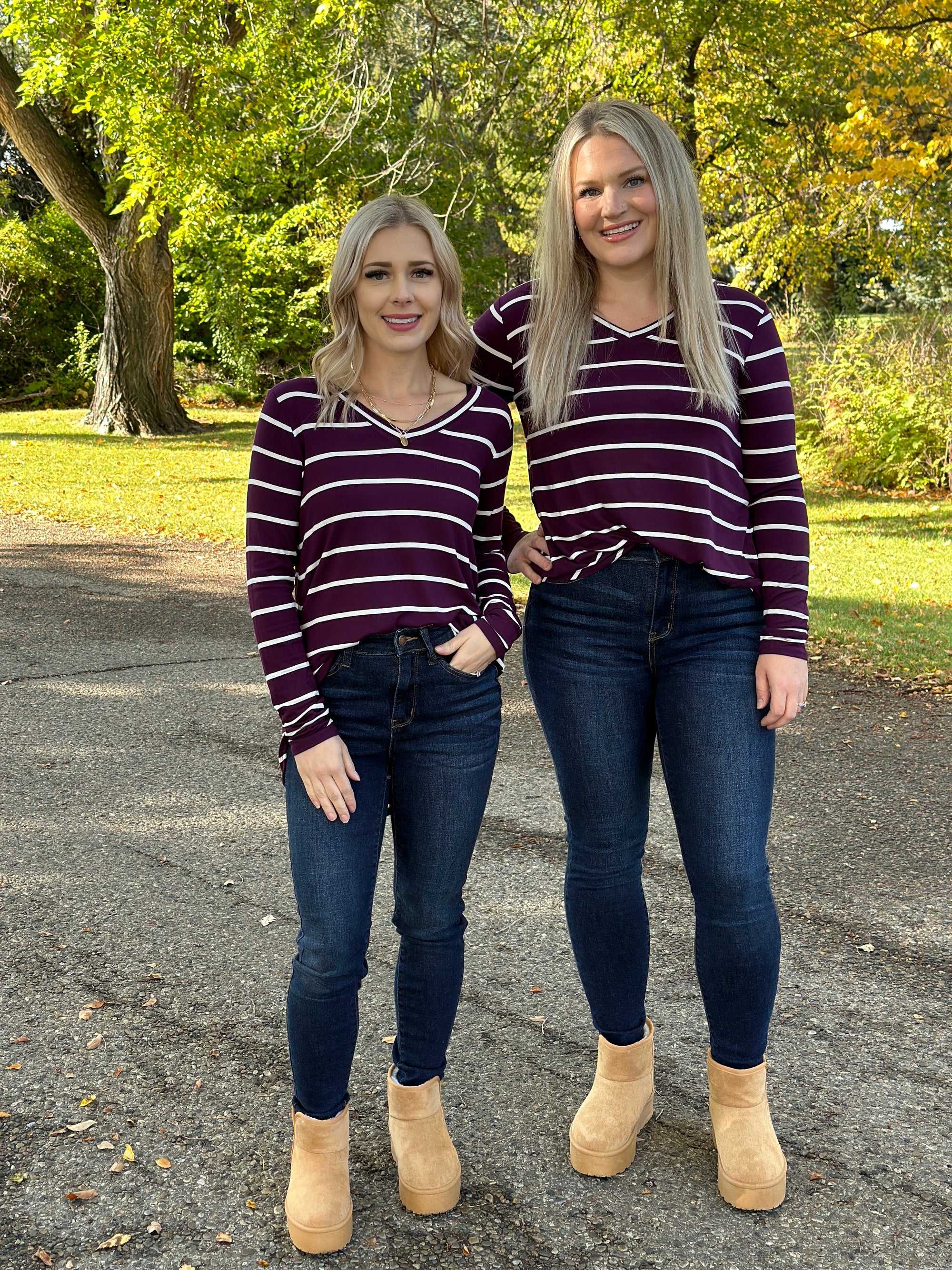 Basic Round Vneck Stripe Long Sleeve - Eggplant/White  (Small - 3X)
