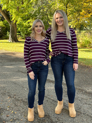 Basic Round Vneck Stripe Long Sleeve - Eggplant/White  (Small - 3X)