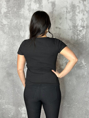 Ribbed Short Sleeve Button Detail Tee - Black FINAL SALE