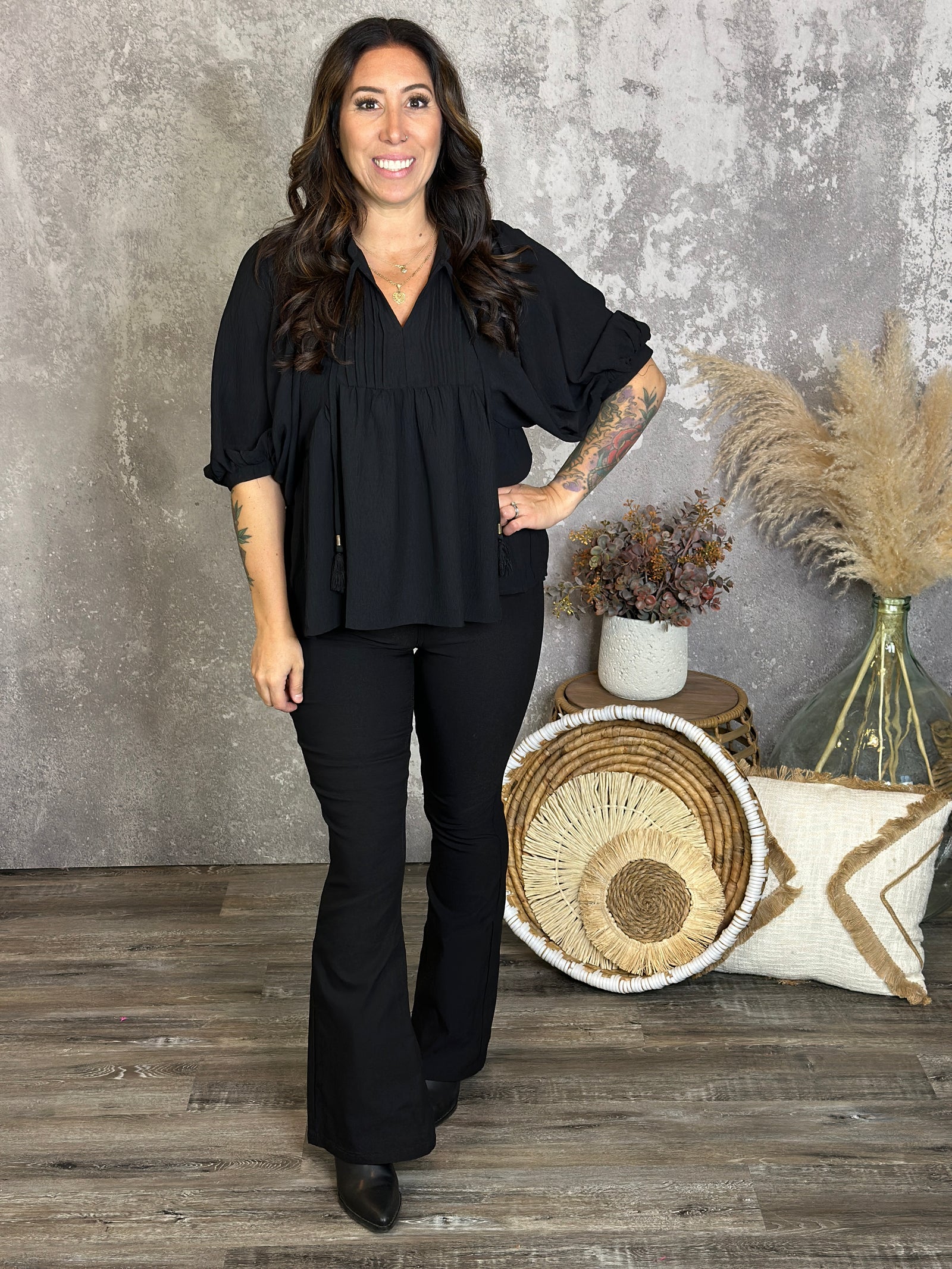 3/4 Sleeve Pleated Top  - Black (Small - 3X)