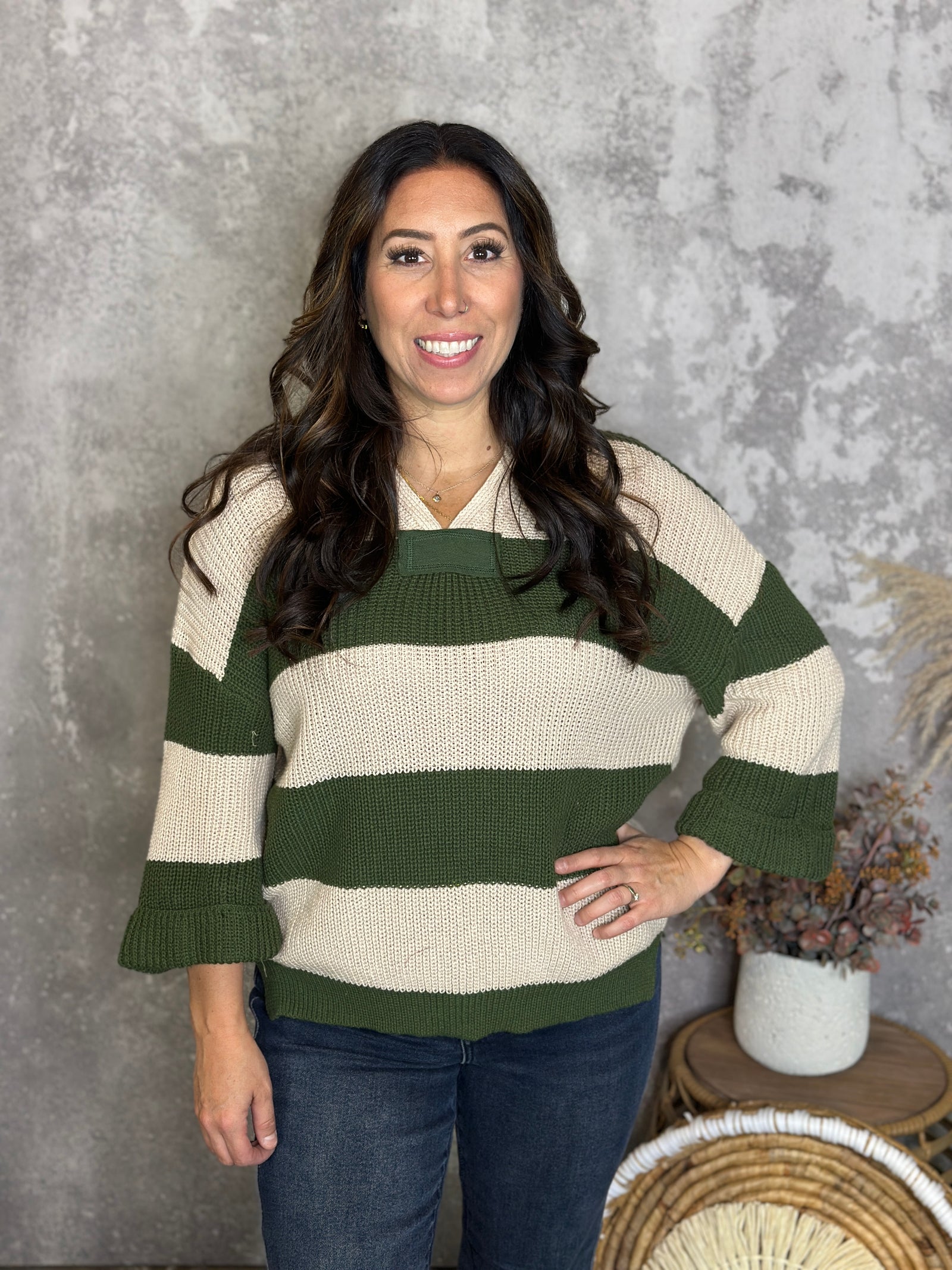 Stripe Sutton Sweater - Olive (Small - 2X)