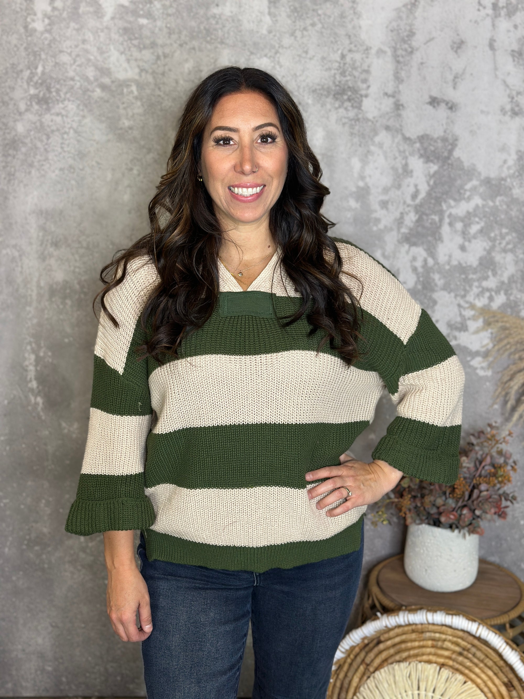 Stripe Sutton Sweater - Olive (Small - 2X)