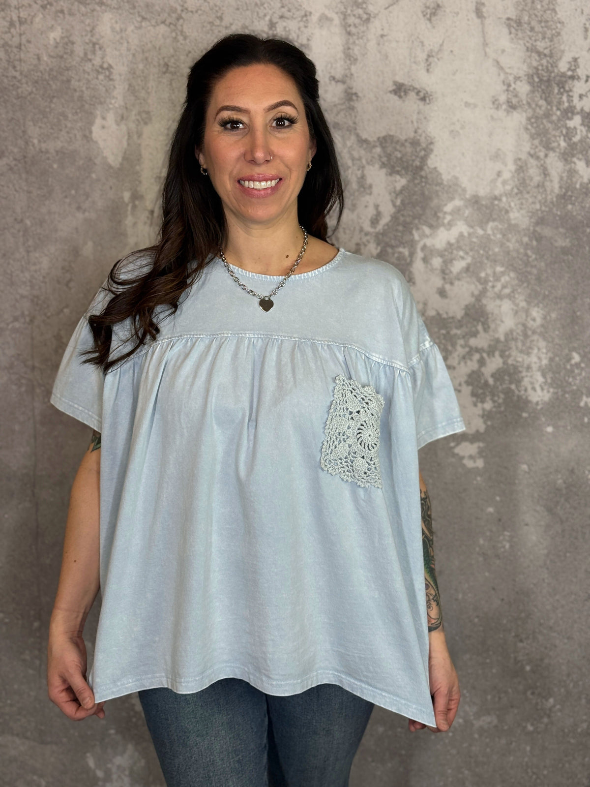 Cloud Blue Relaxed Tee with Crochet Pocket