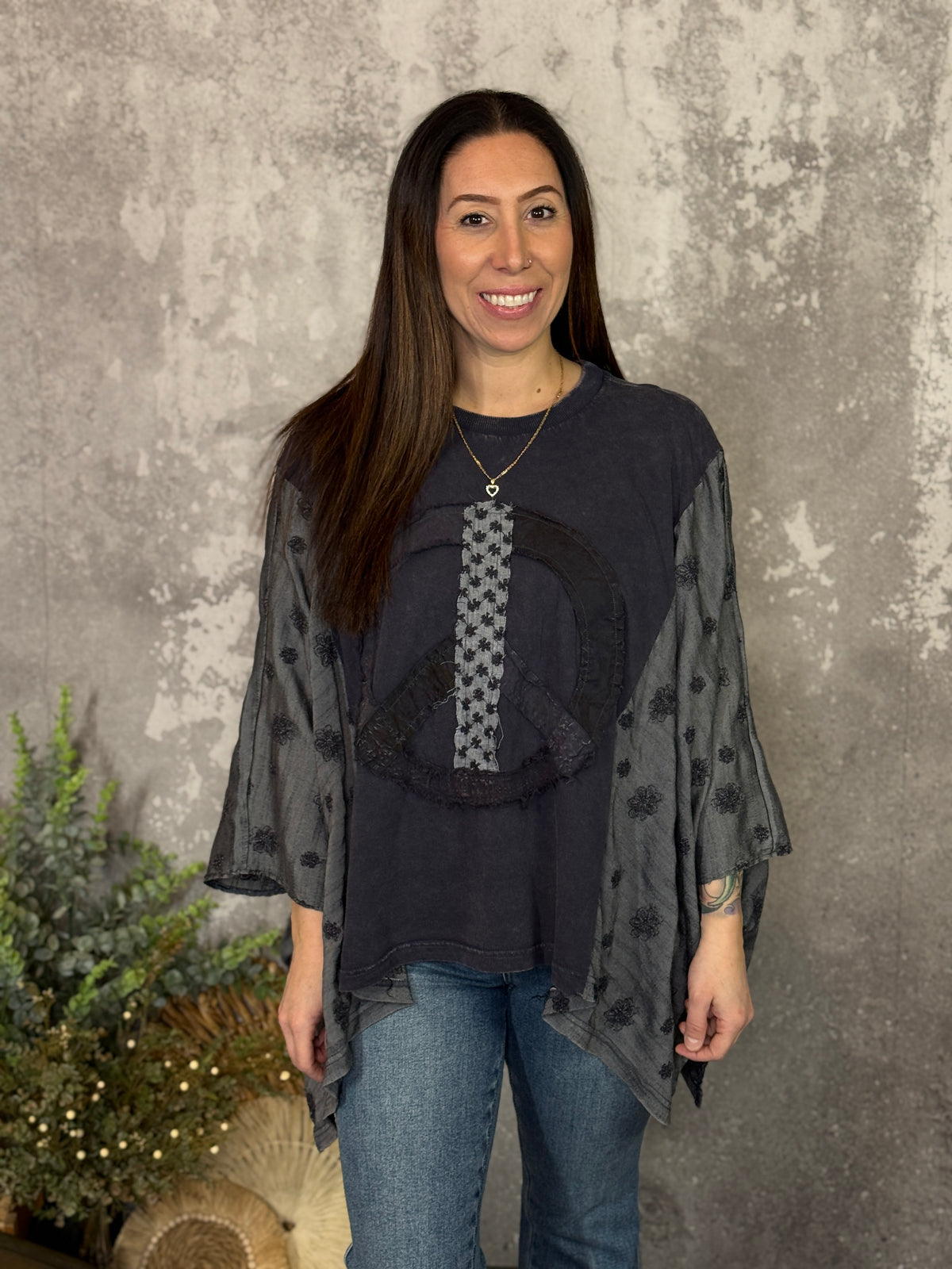 Flowy Black Peace Sign Kimono Top