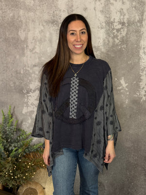 Flowy Black Peace Sign Kimono Top