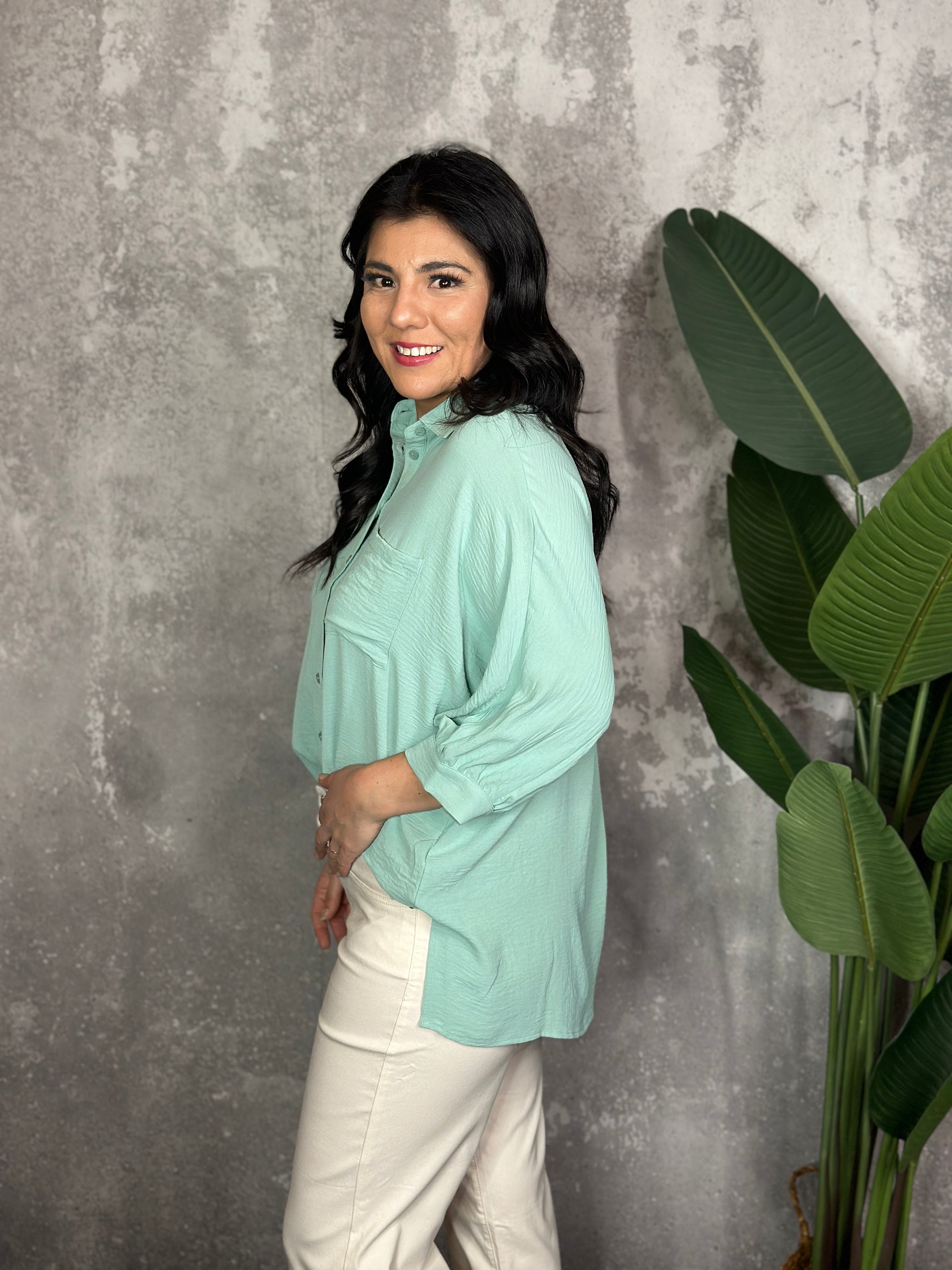 3/4 Sleeve Button Up Pocket AIrflow Top  - Sage - BESTSELLER