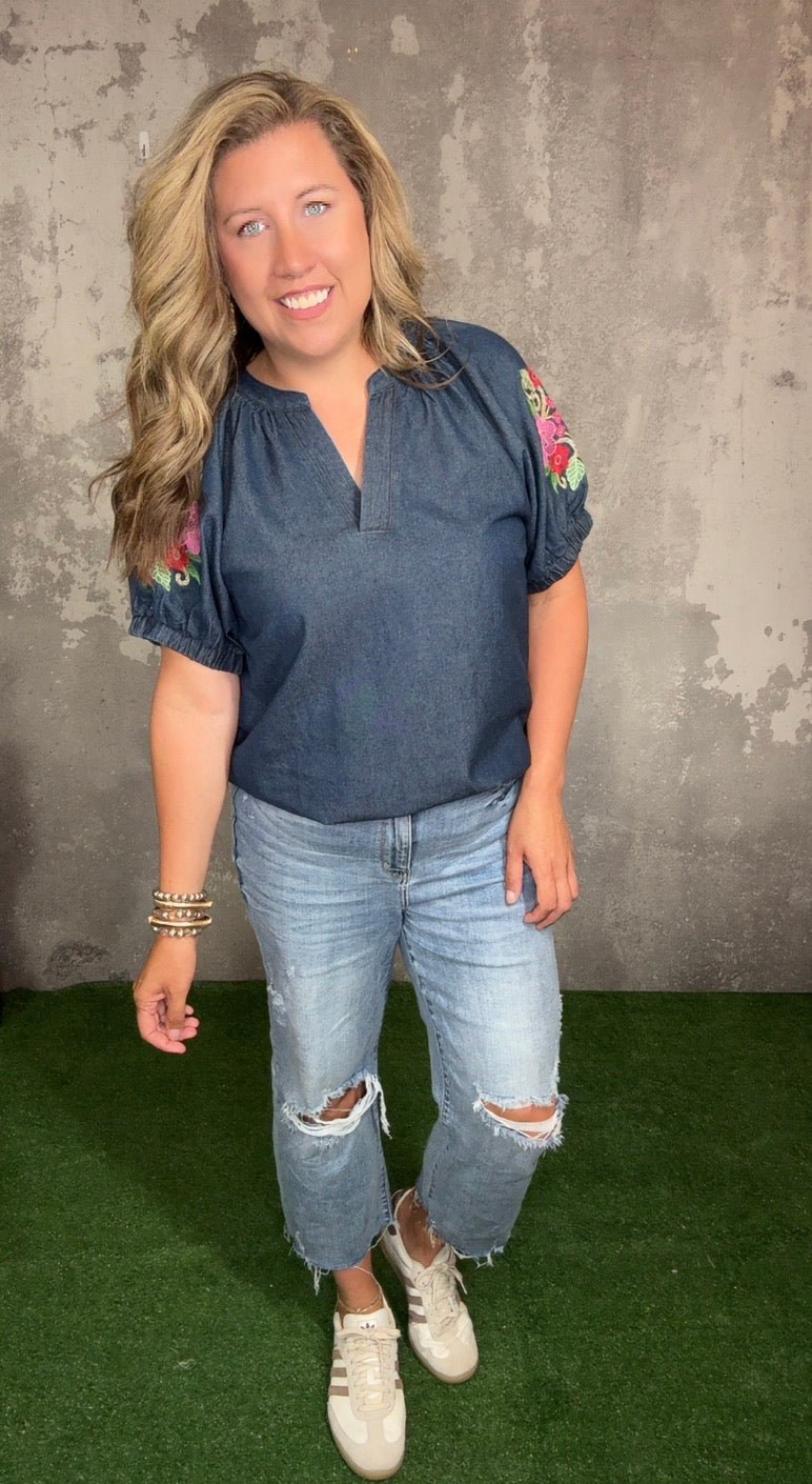 Denim Top with Embroidered Floral Sleeve