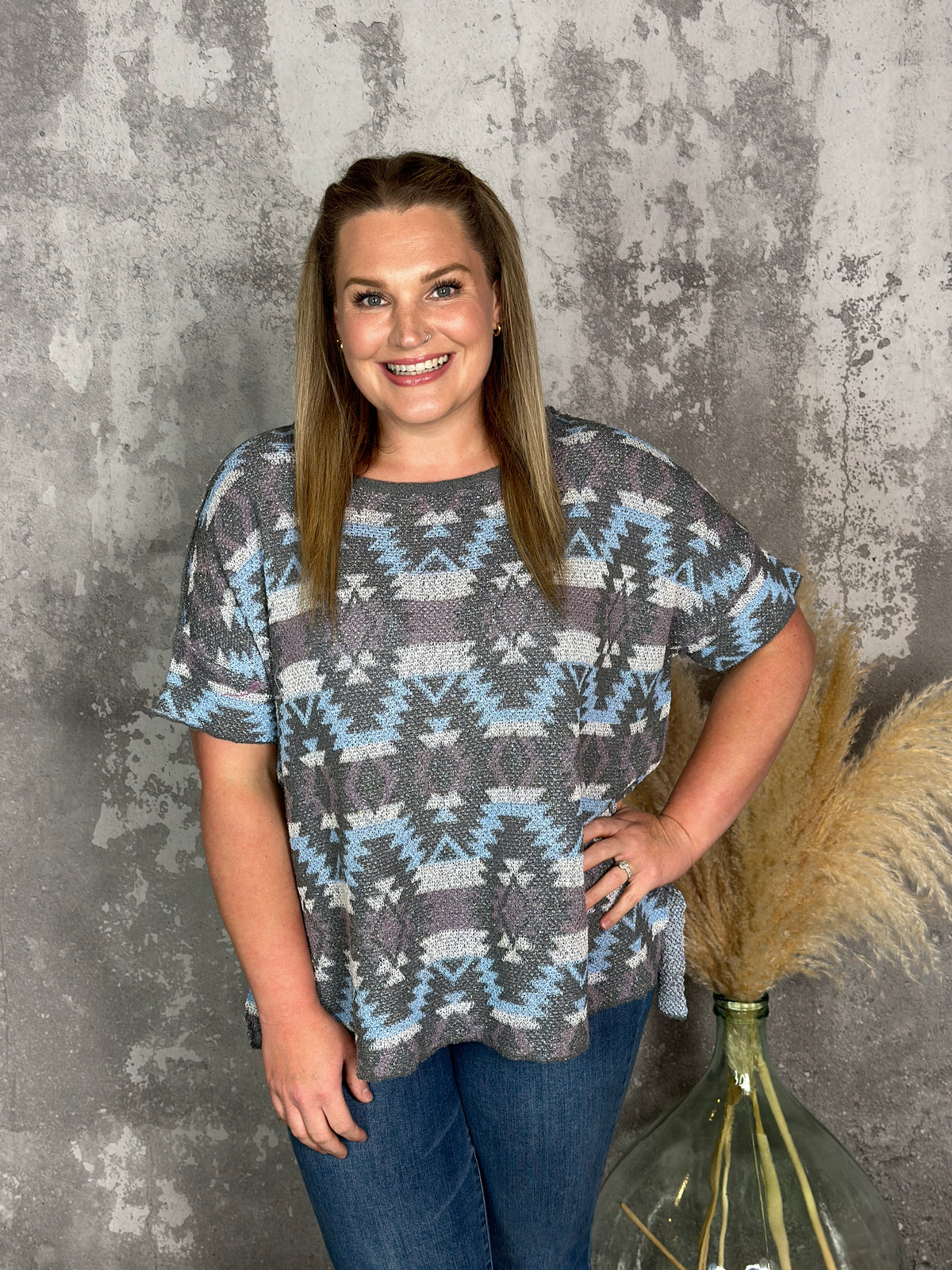 Short Sleeve Knit Geo Print Sweater (Small - 3X)