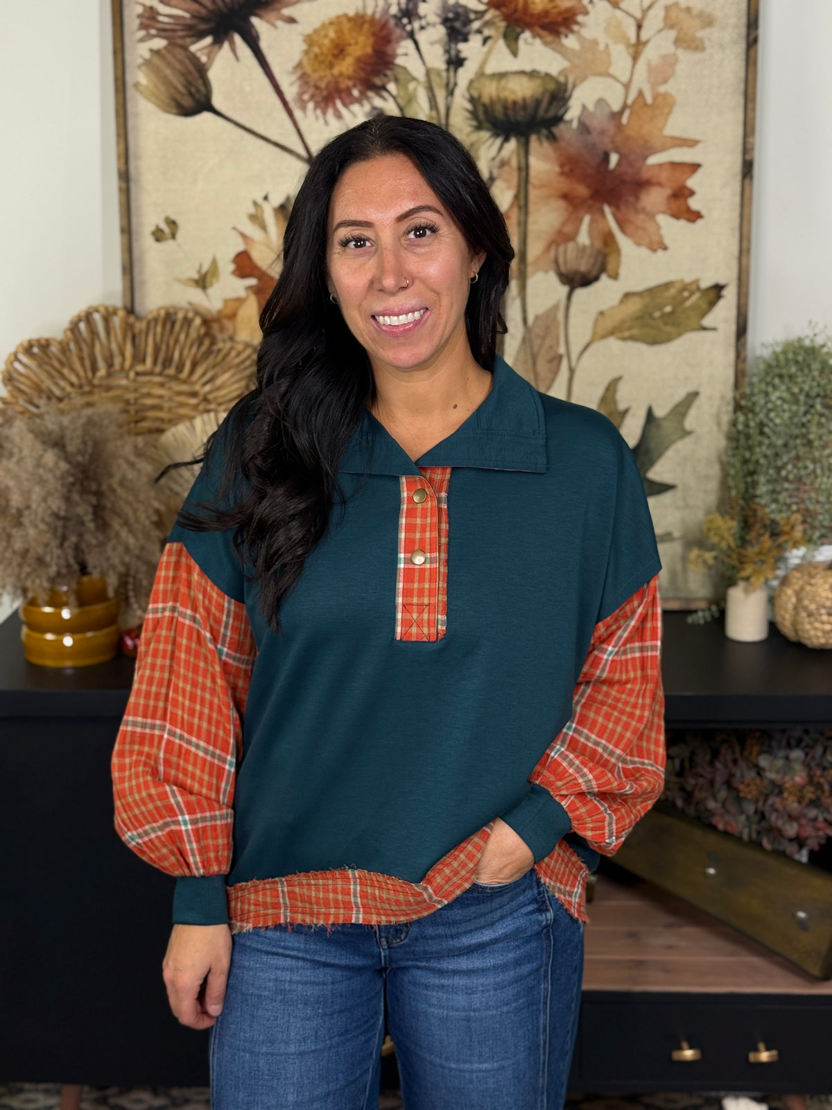 Green with Orange Plaid Top
