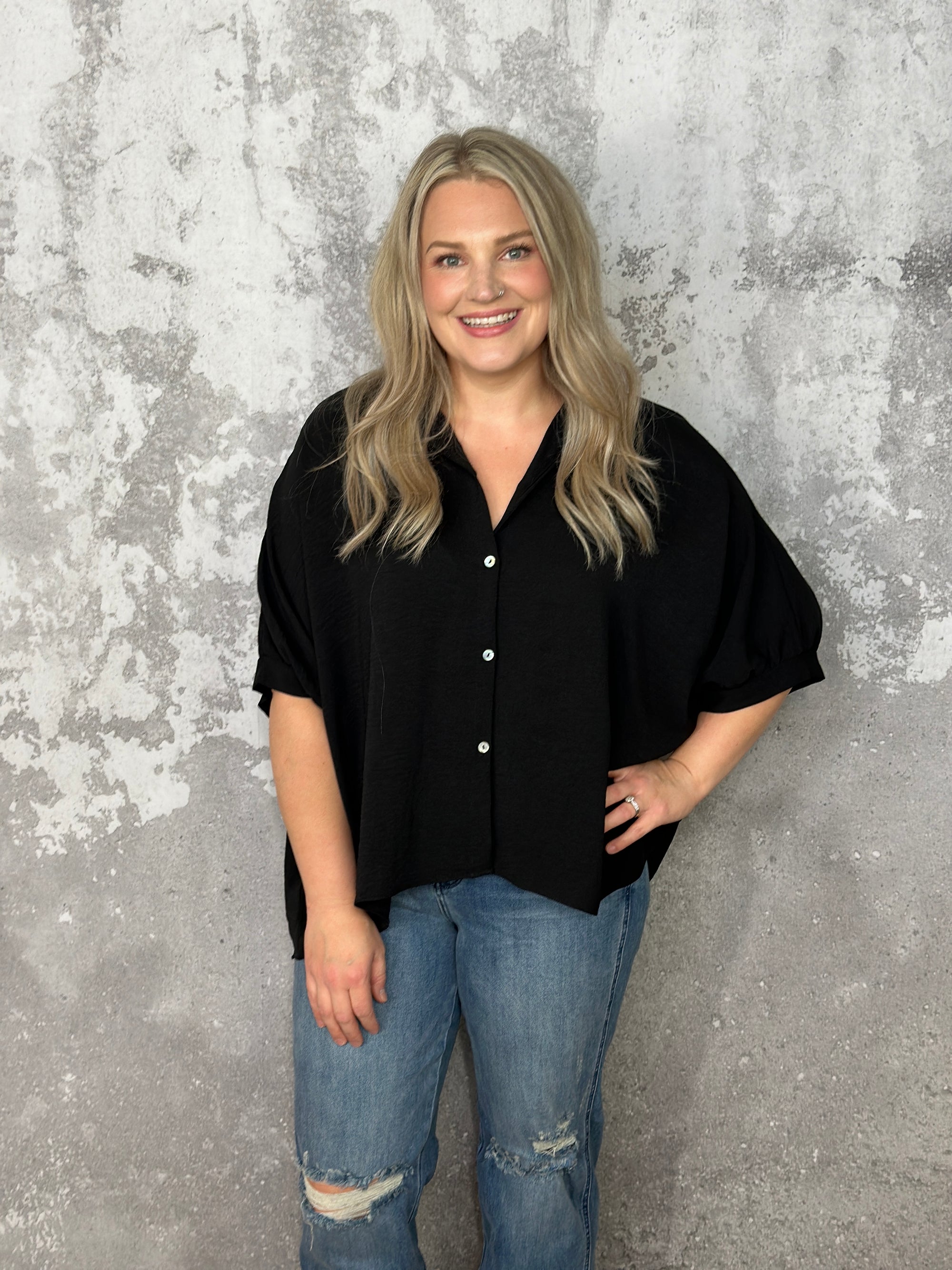 Black Short Sleeve Shift Button Blouse (Small - 3X)