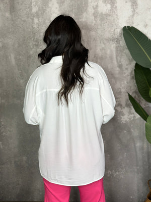 3/4 Sleeve Button Up Pocket AIrflow Top  - White (RESTOCKED)